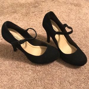 Black suede Mary Jane strap heels